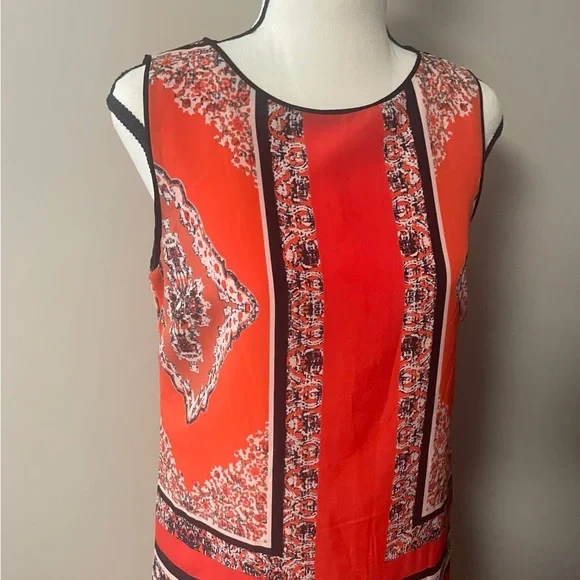EUC Carmen Elegant Orange Patterned Sleeveless Dress, Lined with Zipper Back - Picture 7 of 12